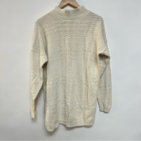 80s Vintage Cream Nova Check Plaid Embroidered Sweater Mock Neck Pullover Small - Picture 9 of 9